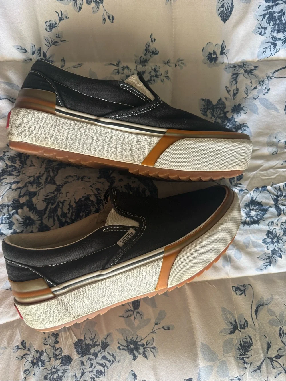 Vans Black and Tan Platform Slip-On Sneakers